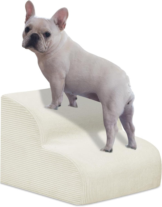 Dog Stairs & Steps for High Beds, 2 Steps High Density Foam Waterproof Dog Ramp for Small Dogs and Cats, Pet Stairs with Washable Cover for Bed, Couch, Sofa and Car, Beige (H: 11.8")