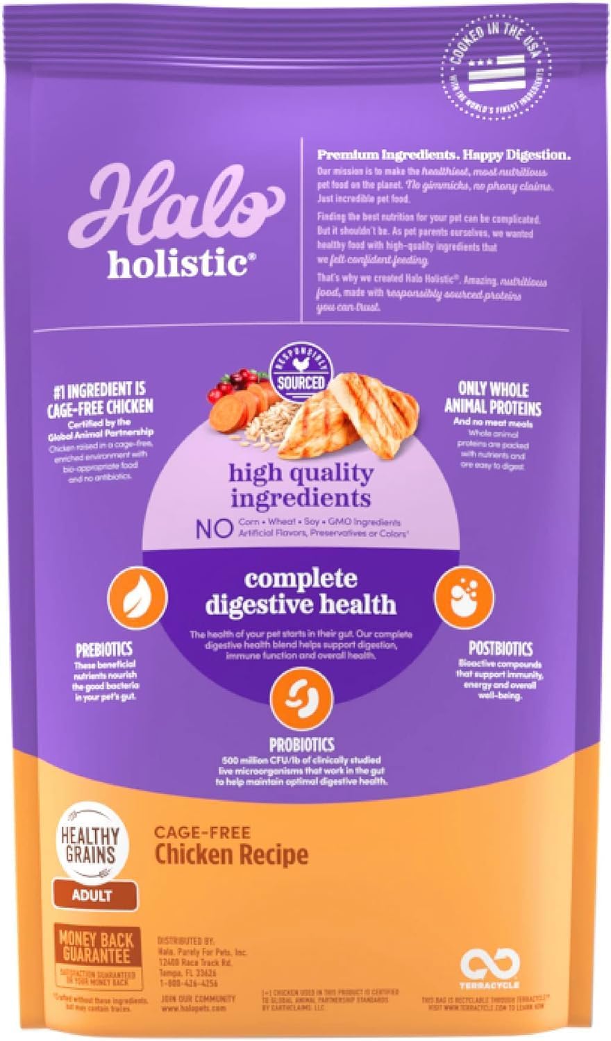 Halo Holistic Cage Free Chicken Cat Food, Healthy Grains Dry Cat Food, Complete Digestive Health, Kibble for Adult Cats, 10 lb Bag