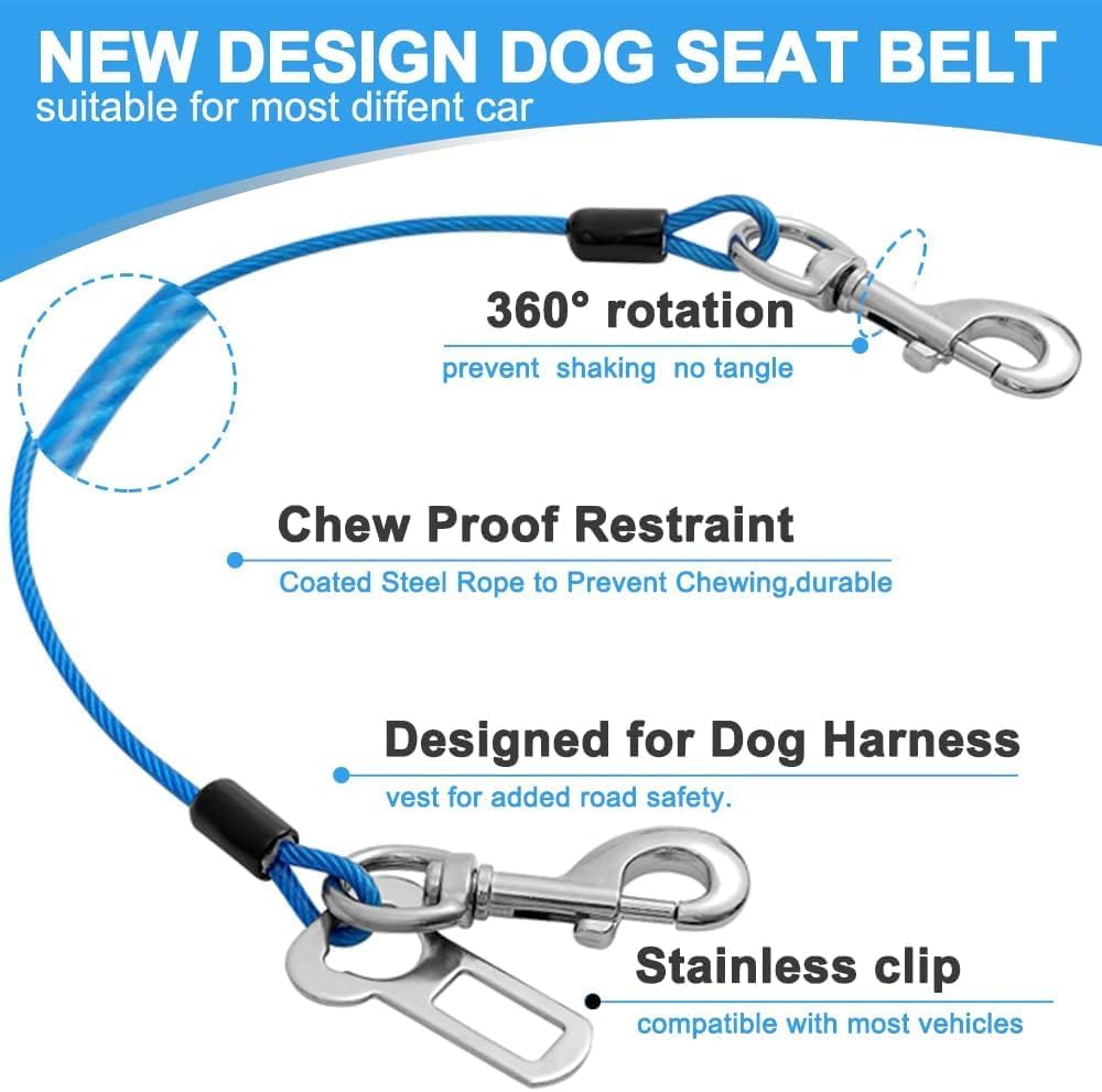 Dog Seat Belt Harness for Car,2pcs Dog Seatbelt of Coated Wire Leash Safety Restraint,No Chew Tether Cable Vehicle Dogs Accessories,Double Clips & Latch (Blue, 24 inch/60 CM)