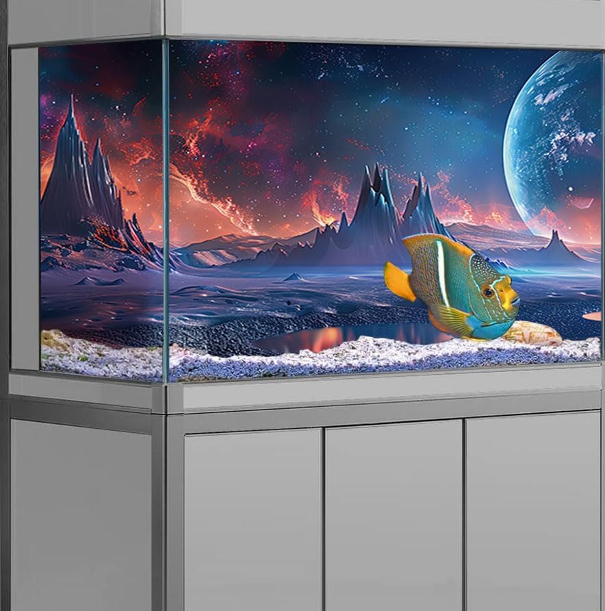 Scarlet Cosmic Aquarium Background,Cool Galaxy Parallel Space Themed Fish Tank Background, Tropical Desert Terrarium Background 30X12IN with 8 EVA Double-Sided Tape