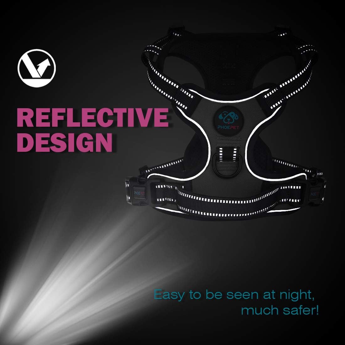 PHOEPET No Pull Dog Harness Reflective Adjustable with 2 Metal Leash Hooks and Soft Training Handle [Over The Head Design](S, Baby Blue)