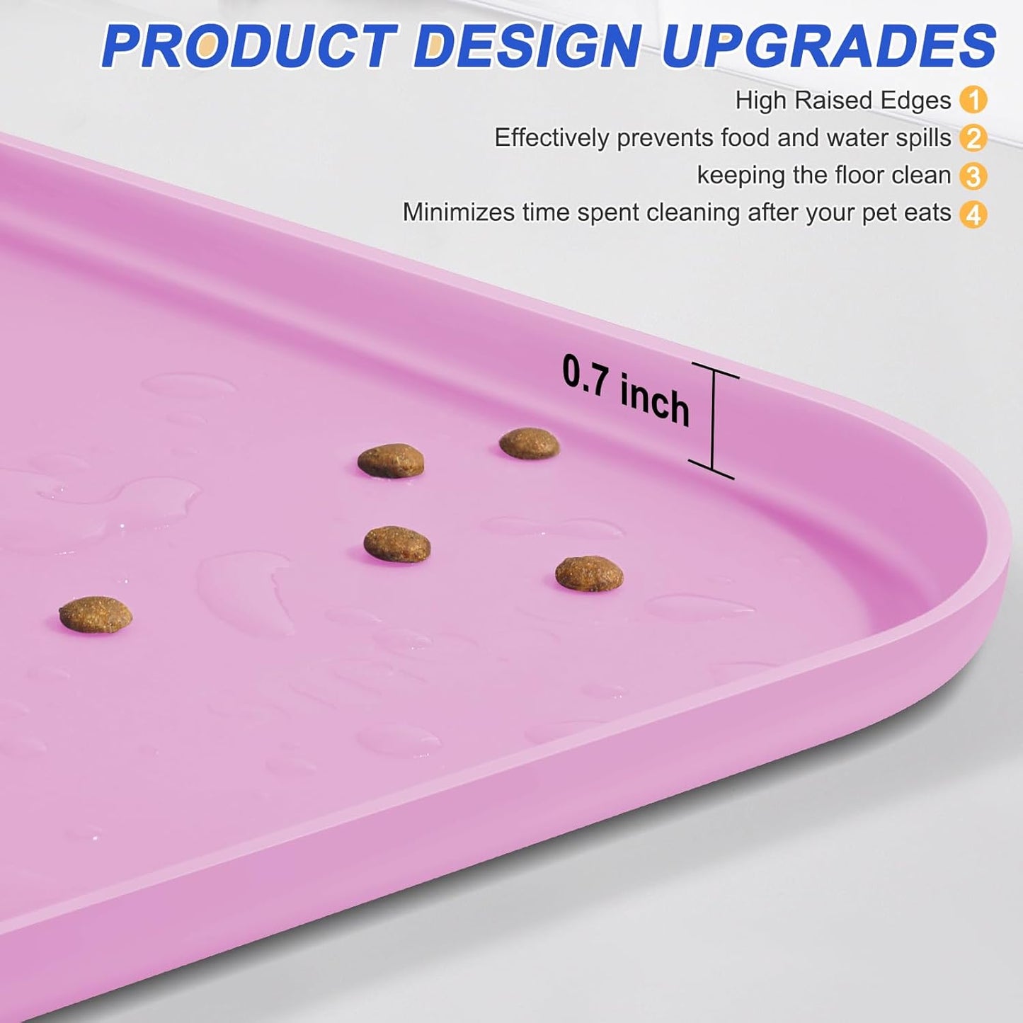 Silicone Pet Feeding Mat with Raised Edge for Food and Water, Dog Bowl Mats, Cat Bowls Placemat with High Lip for Floor Waterproof, Rubber Tray for Cats and Dogs 19 x 12 x0.7 Pink