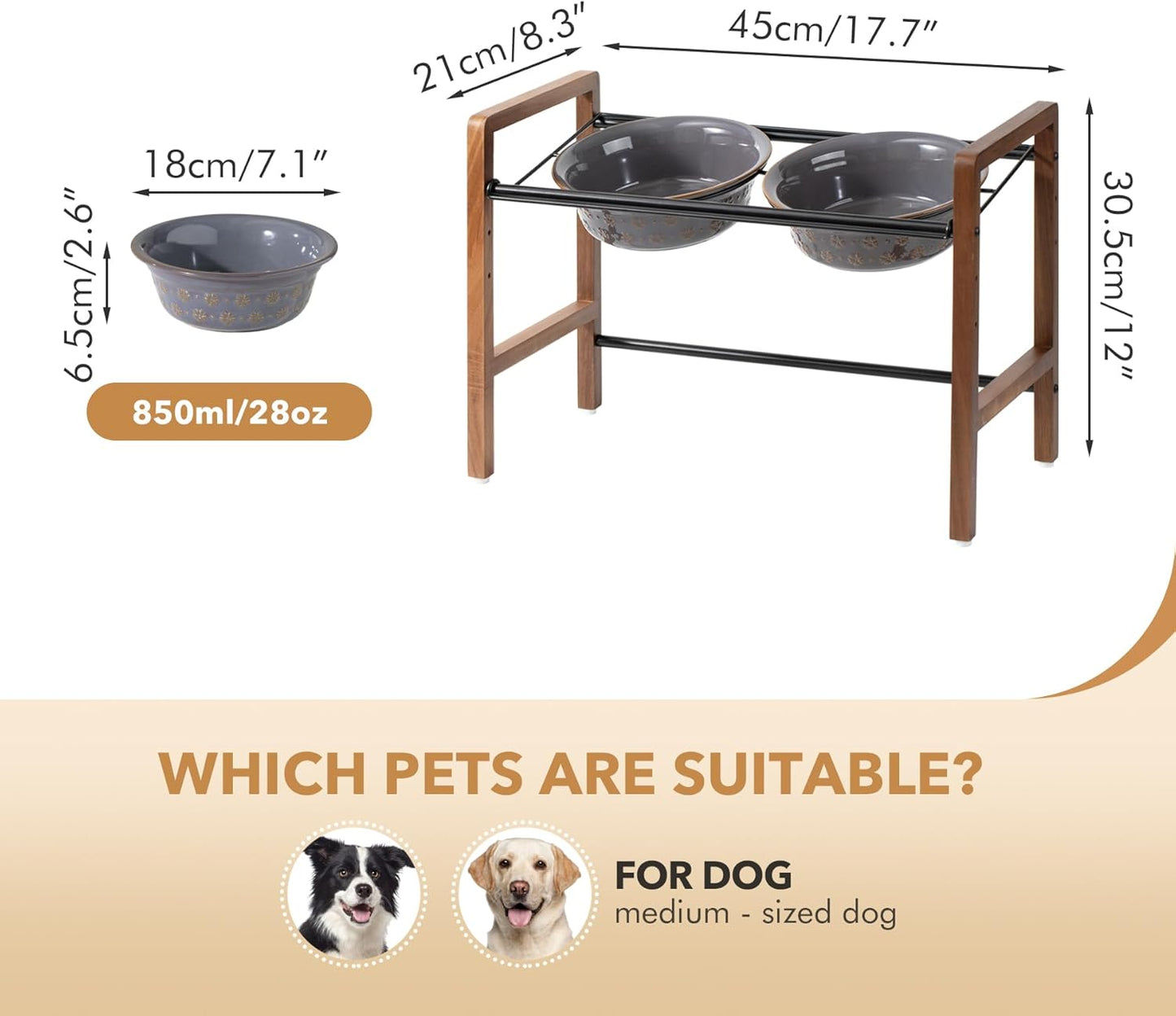 7.1inch Ceramic Adjustable Raised Double Bowls Set with Stand, 3 Heights Elevated, 2 Placement Options,Food and Water Bowls for Medium and Large Dog(Reactived Glaze -Grey)