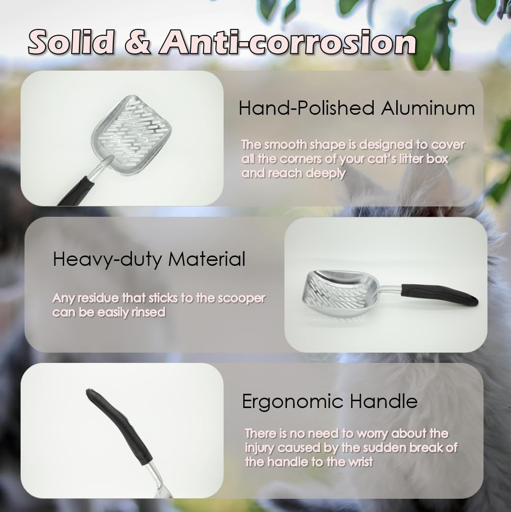 Full Metal Cat Litter Scoop with Holder – Heavy Duty Litter Scooper & Speed Sifter – Aluminum Cat Poop Scooper Captures All Clumps – Washable Stand for Easy Cleaning