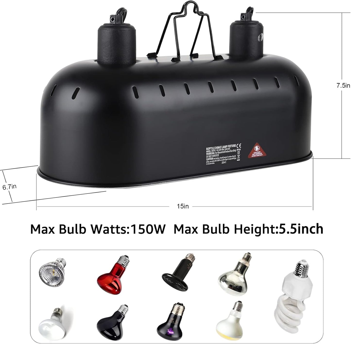 DXOPHIEX 15 inch Dual Reptile Light Fixture, Max 150W Dual Reptile Heat Lamp Fixture with 100W UVA UVB Sun Light & Ceramic Heat Emitter,Double Dome Lamp for Terrarium and Tortoise Habitat