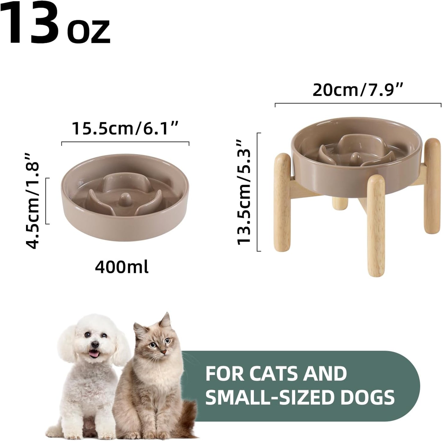 6.1inch Ceramic Raised Slow Feeder Set, Elevated Bowl with Wooden Stand for Small Dog and Cat, Puzzle Slow Dog Food Dish, Preventing Choking(Brown Coffee, Single Bowl+ Stand)
