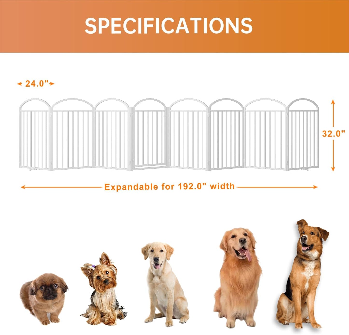 8 Panles Full Matel Freestanding Dog Gates with Door, 192"Extra Wide 32"Tall Free Standing Dog Pet Gate for Indoor & Outdoor. Foldable Pet Fences for Doorways, House, Stairs, Porch, Deck, Yard