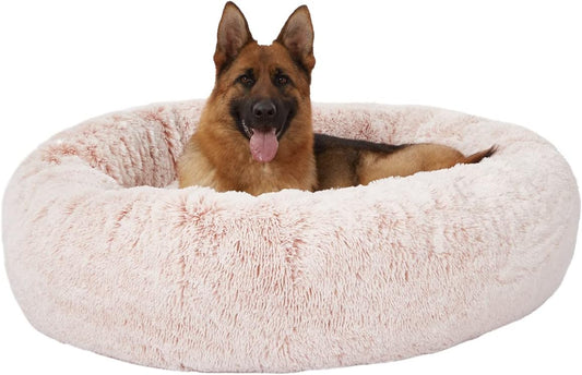 Bedfolks Calming Donut Dog Bed, 45-Inch Round Plush Anti-Anxiety Dog Bed, Washable with Non-Slip Bottom (Pink, Extra Large)
