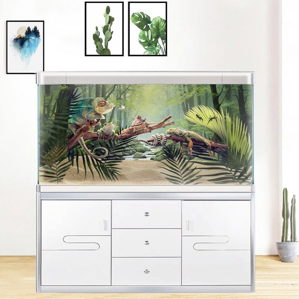 30X18IN Tropical Forest Terrarium Background, Natural Green Forest Tree Reptile Habitat Background, Misty Rainforest Aquarium Background, with 8 EVA Double-Sided Tape