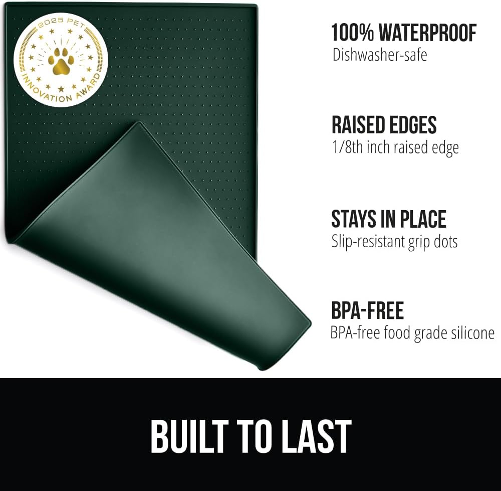 GORILLA GRIP 100% Waterproof Raised Edge BPA Free Silicone Pet Feeding Mat, Dog Cat Food Mats Contain Spills Protects Floors, Placemats for Cats and Dogs Water Bowl, Pets Accessories 18.5x11.5 Green