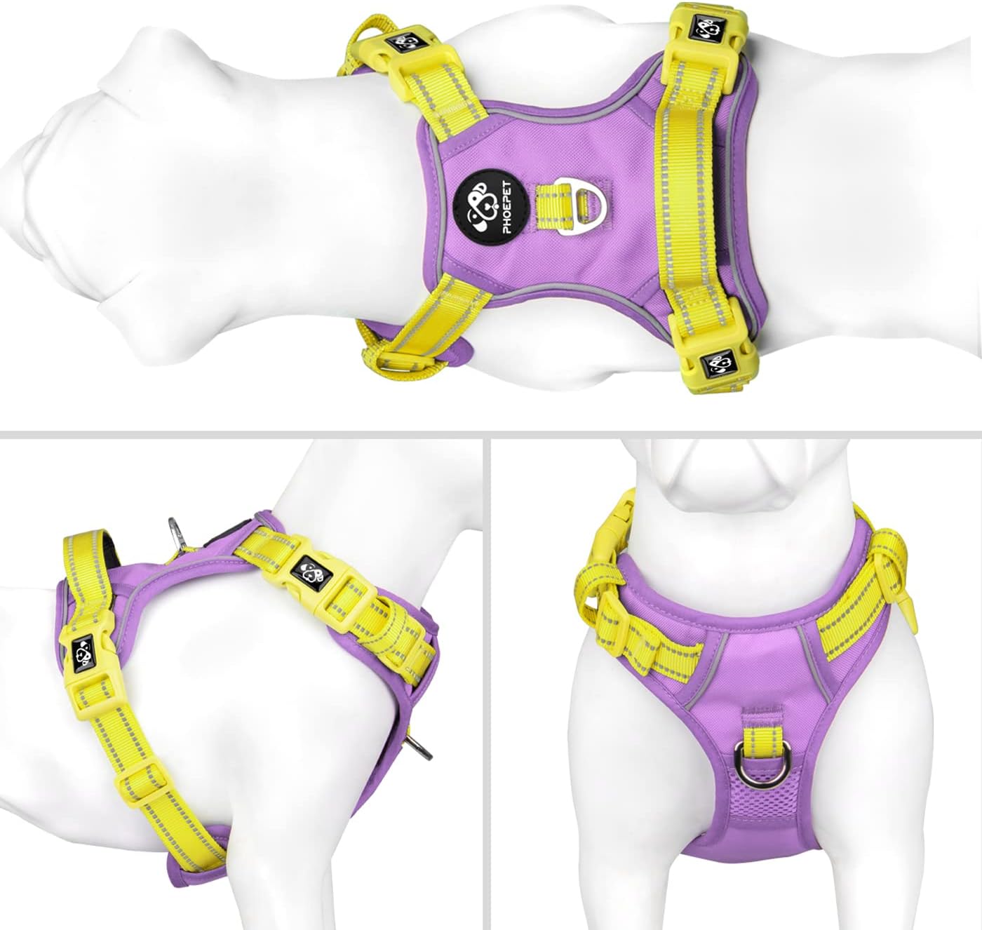 PHOEPET No Pull Dog Harness, Unique Colors Reflective Adjustable Dog Vest, with Soft Training Handle Metal Clips for Small Medium Large Dogs (Baby Purple Base & Yellow Straps,XL)