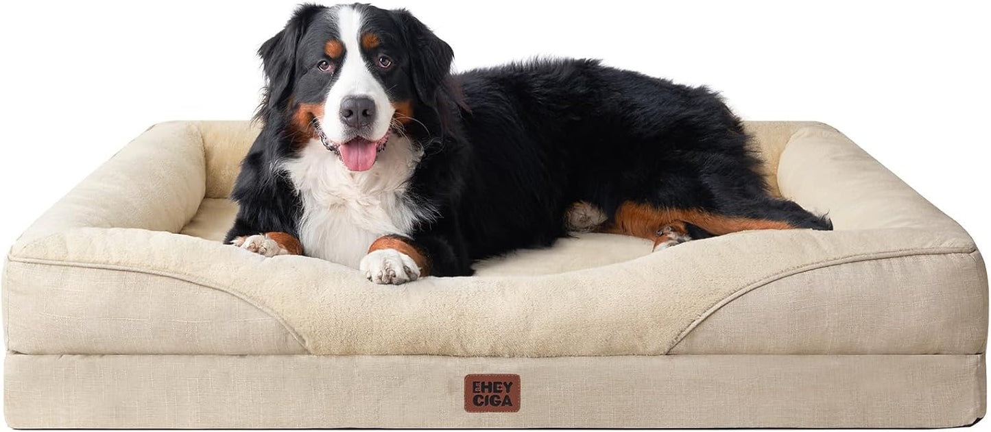 EHEYCIGA Memory Foam XXL Dog Bed for XLarge Sized, Extra Large Orthopedic Dog Sofa with Sides and Waterproof Liner, Washable Bolster Pet Couch with Removable Cover, 52x41x8 Inch, Beige