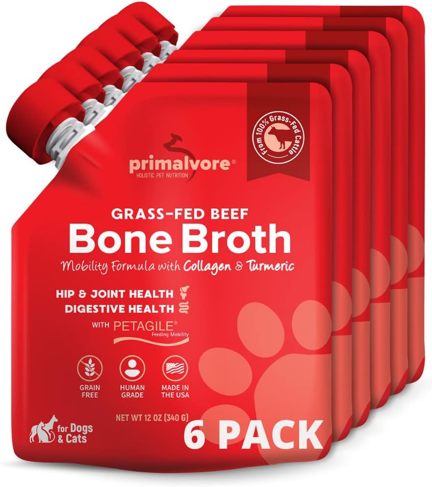 Primalvore Grass-Fed Beef Bone Broth for Dogs &Cats, Mobility Formula w/Collagen Peptides to Help Support Hip & Joints, Digestion, Skin & Coat and Hydration, Human Grade, Made in USA. Beef 6 Pack