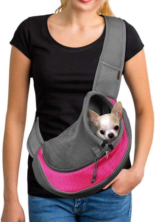 YUDODO Pet Sling Carrier for Small Dogs & Cats – Hands-Free Puppy Carrier with Safety Hook, Large Zipper Pocket, Soft Breathable Mesh, Adjustable Strap & Reflective Strip (Pink 1.0 M)