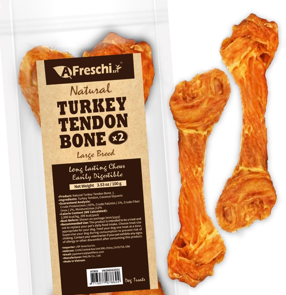 AFreschi Turkey Tendons for Dogs, USA-Sourced, Healthy Dog Treats, Rawhide-Free Puppy Chews, Long Lasting, All Natural, Hypoallergenic Dog Treats for Large Breeds, 2 Count Pack Bone (L)