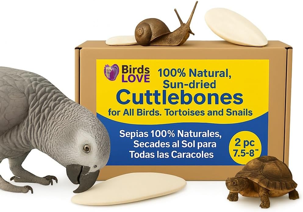 Birds LOVE 2 pc 7.5–8″ Sun-Dried Natural Cuttlebone Kit | 100 % Pure Calcium Supplement for Birds, Tortoises, Snails & Crabs | Beak & Shell Health with Metal Holder