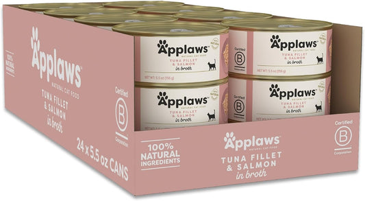 Applaws Natural Wet Cat Food in Broth, Limited Ingredient Canned Wet Cat Food, No Additives, Made with Natural Ingredients, Tuan Fillet & Salmon in Broth (24 x 5.5oz Cans)