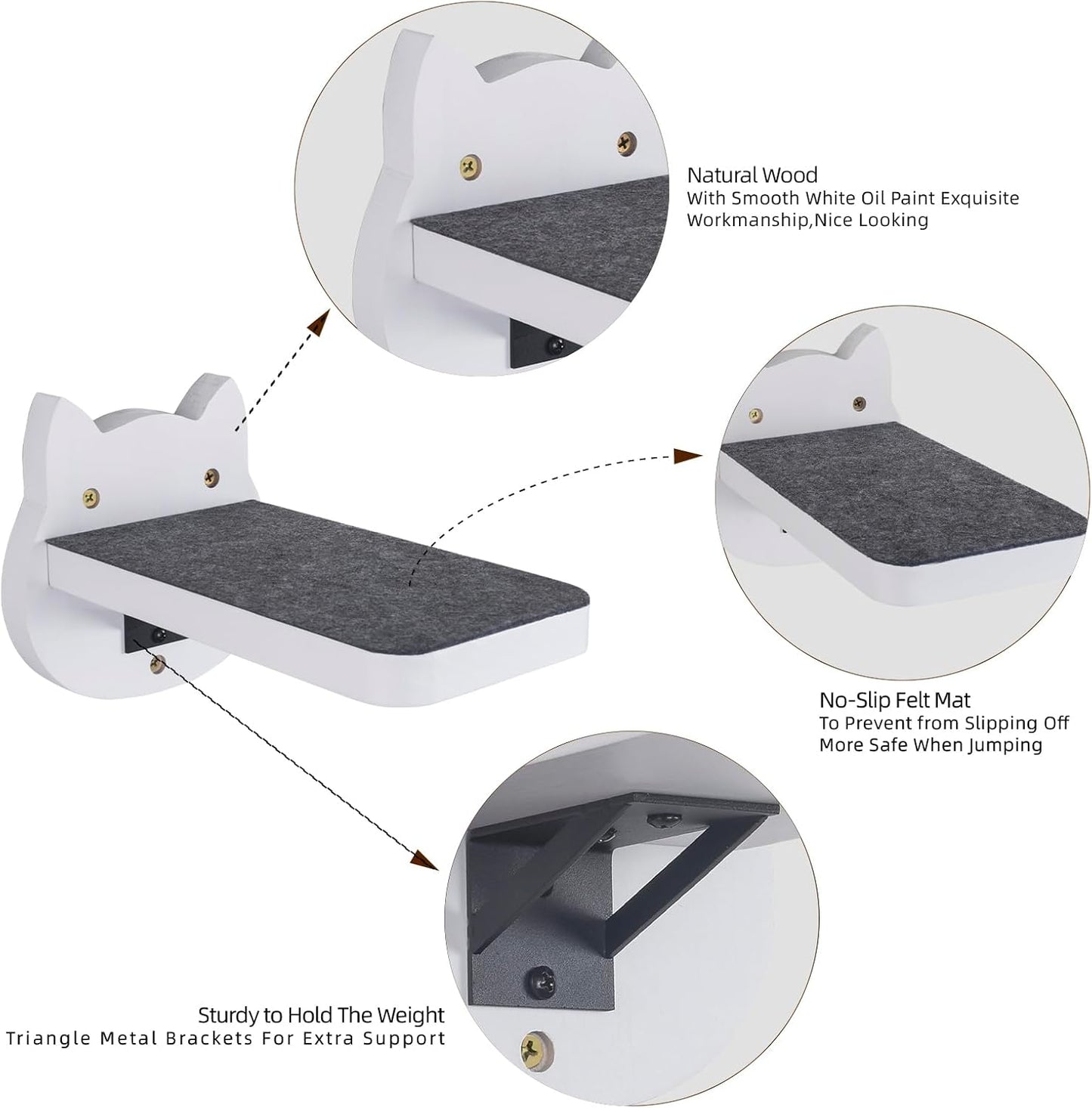 ESPETS White Painted Wooden Cat Wall Floating Steps Set of 3 - Wall Mounted Cat Floating Furniture Shelves and Perches, Sturdy Climber Stairs Ladders - Holds up 30lbs