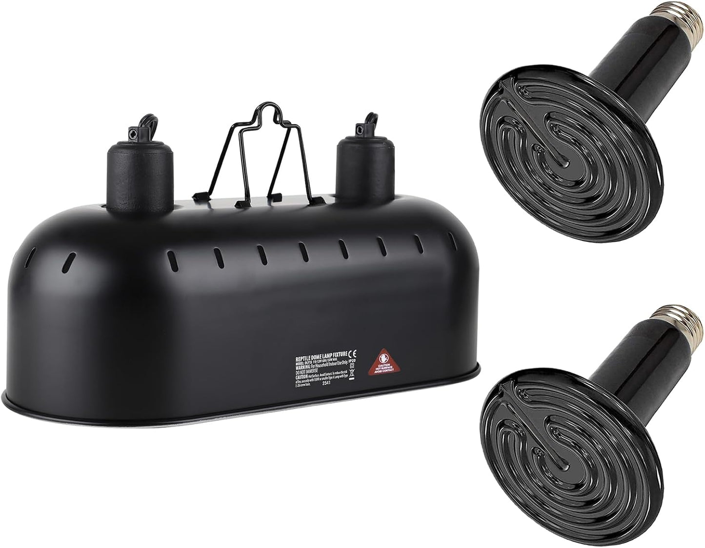 DXOPHIEX 15 inch Dual Reptile Light Fixture, Max 150W Reptile Heat Lamp with 2PCS 150W Ceramic Heat Emitter, Double Dome UVB Light Fixture for Terrarium and Tortoise Habitat