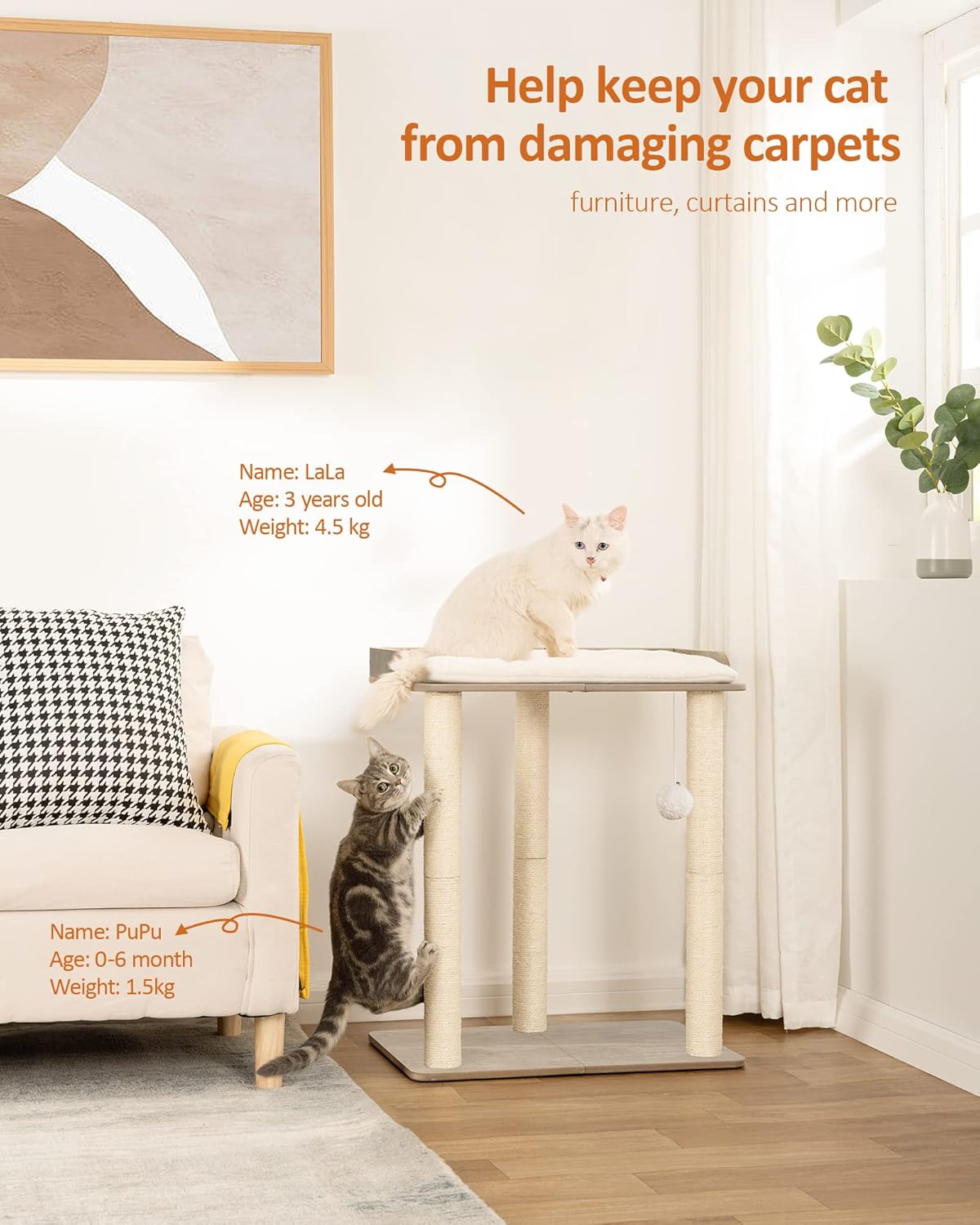 FourFurPets 26.7in Large Cat Tree Tower Condo, Cat Scratch Posts for Indoor Cats, Big Plate, Three 23.6in Full Sisal Scratching Posts, Greige