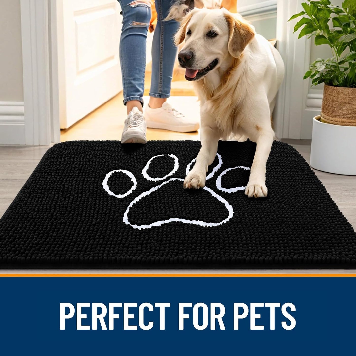 OLANLY Door Mat for Muddy Dog Paws 36x24, Ultra Absorbent Chenille Mud Doormat with Paw Print Design, Non-Slip Washable Doormat for Indoor Entryway, Quick-Dry Pet Bed Mats for Dirty Dogs, Black