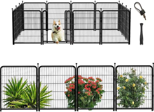 56 in(H) Decorative Garden Fence Panels, Wide Door Low Threshold, Dog Fence Outdoor for Yard. 10 Panels Total 22.1 Ft(L)，No Dig Fencing for Dogs, Black