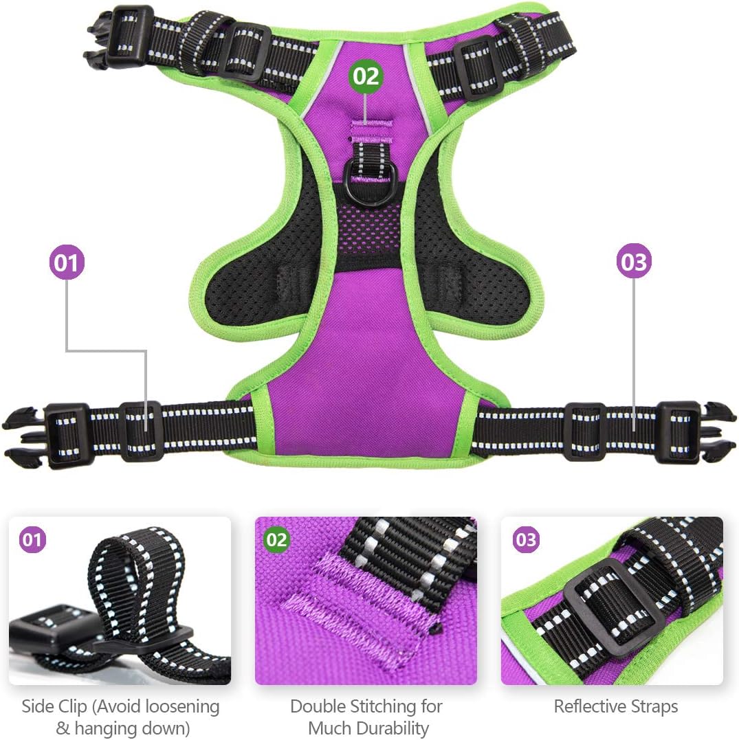 PHOEPET 2019 No Pull Dog Harnesses for Small Dogs Reflective Adjustable Front Clip Vest with Handle 2 Metal Rings 3 Buckles [Easy to Put on & Take Off](XS, Purple)