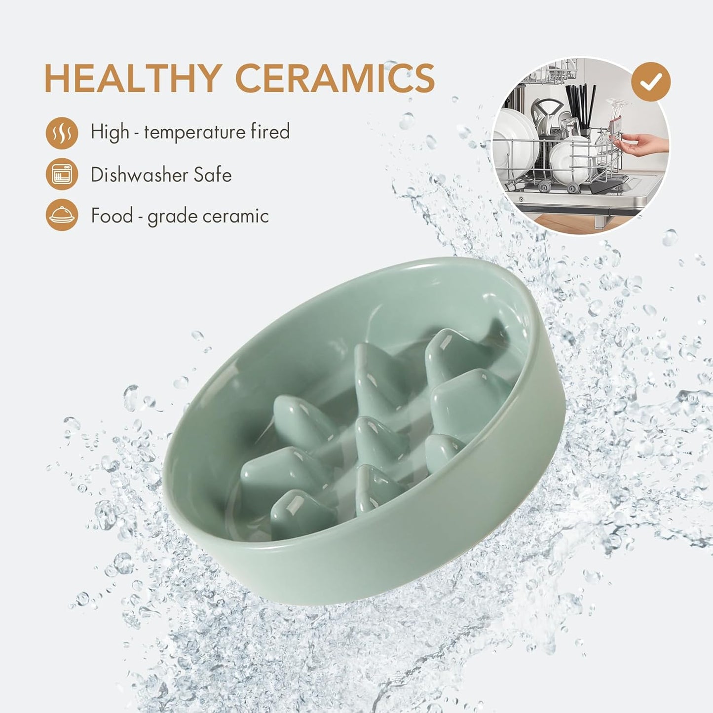 6.1inch Ceramic Dog Raised Slow Feeder Set, Elevated Bowl with Wooden Stand for Small Dog, Pet Slow Feeder Dish for Fast Easters, Anti-Gulping(Light Green, Single Bowl+ Stand)