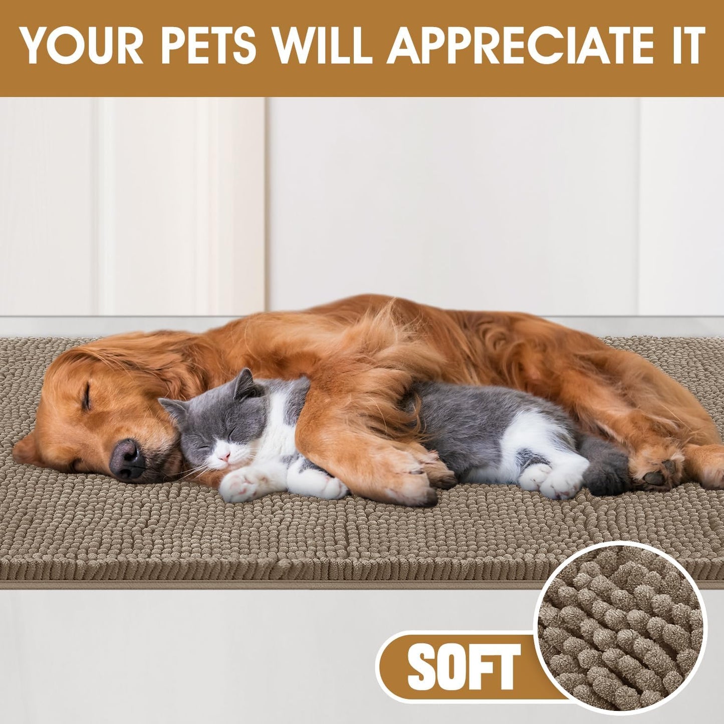 IM HOME Extra Large Dog Door Mats for Muddy Paws, Chenille Absorbent Dog Mats, Non Slip Heavy Mud Mat for Dogs, Soft Pet Mat for Entryway, Mud Paws, Inside Floor,60" x 36", Beige