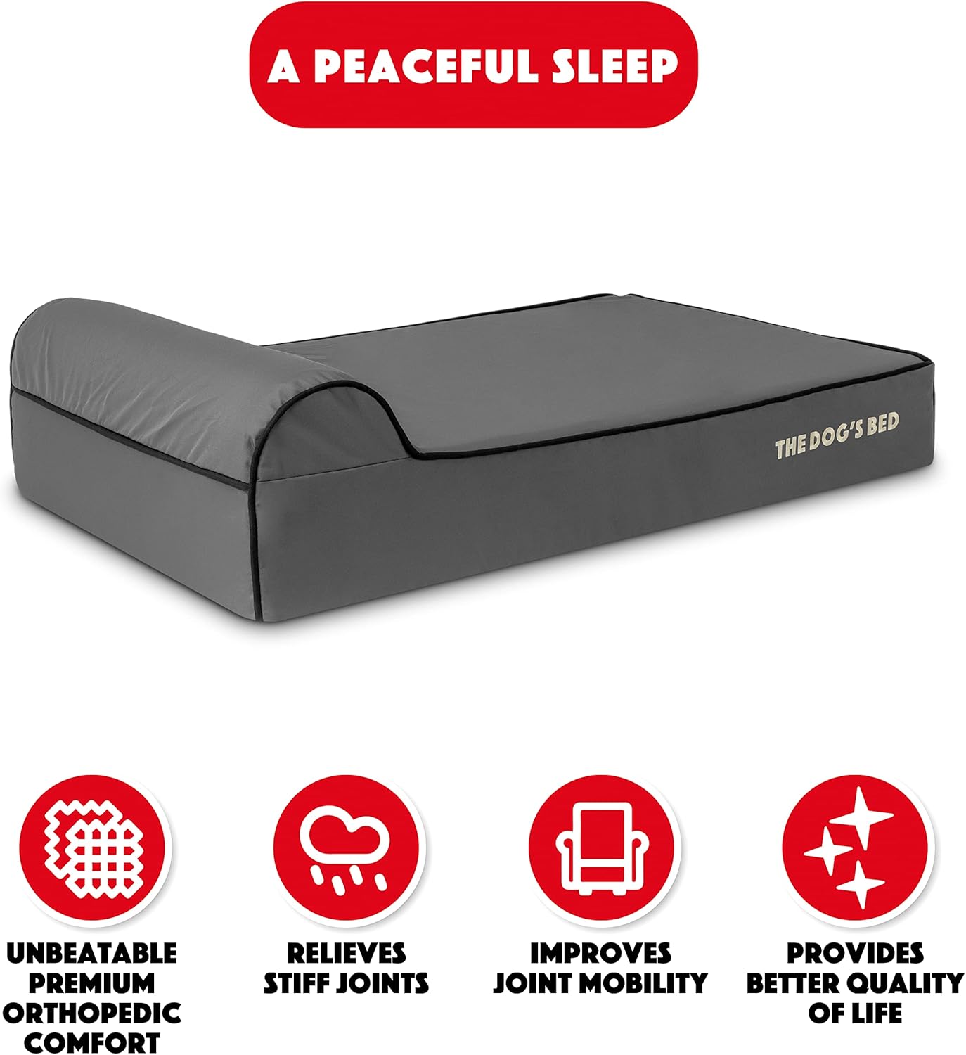 The Dog’s Bed Orthopedic Headrest Dog Bed Large Grey/Black 40x25, Memory Foam, Pain Relief: Arthritis, Hip & Elbow Dysplasia, Post Surgery, Lameness, Veterinary Approved, Waterproof Washable Cover