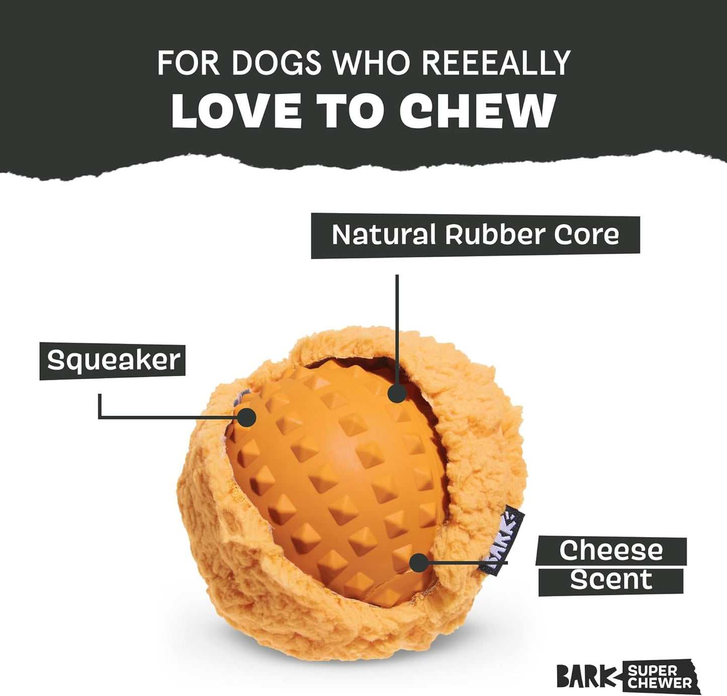 Barkbox Cheeze Brawl Super Chewer Plush Toy with Hard Core Center, Large