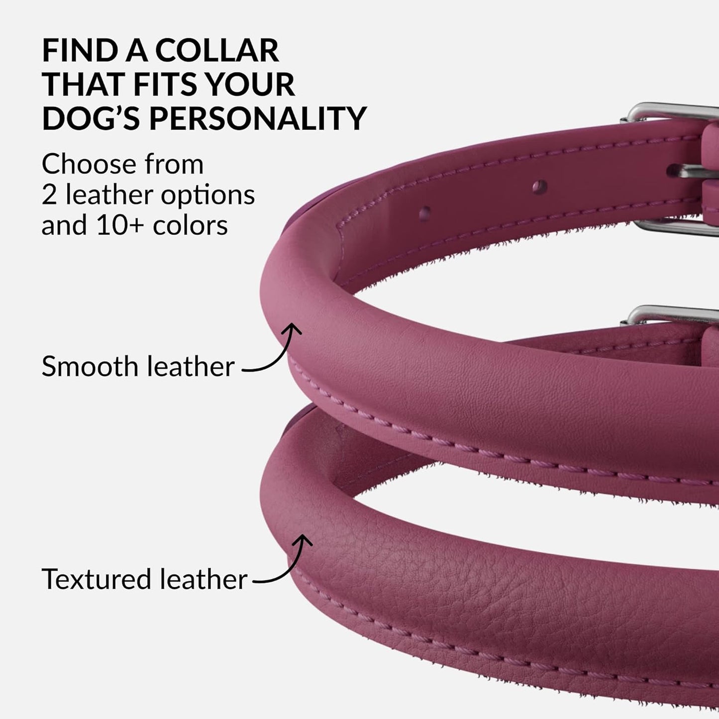 CollarDirect Rolled Leather Dog Collar, Soft Padded Round Puppy Collar, Handmade Genuine Leather Collar Dog Small Large Cat Collars 13 Colors (13-16 Inch, Pink Smooth)