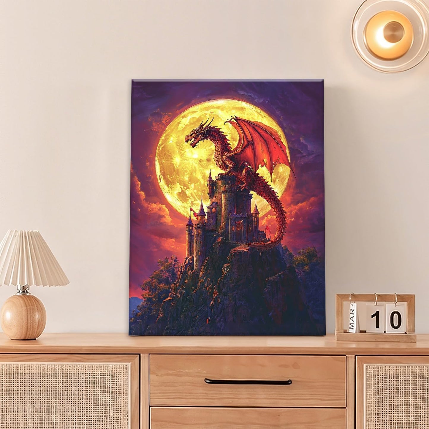 Dragon Bathroom Pictures Wall Art, Red Dragon Castle Bathroom Wall Decor, Framed Painting Canvas Artwork for Bedroom Living Room Decorations 16"L x 12"W