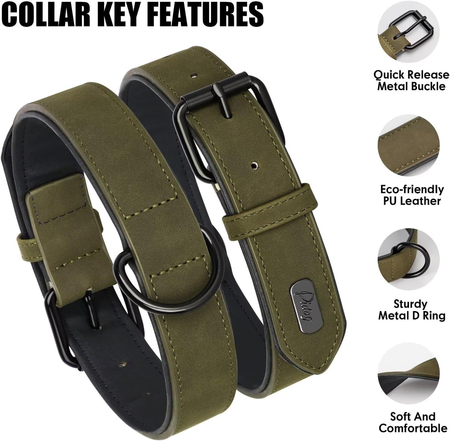 Didog Soft Padded PU Leather Dog Collar, Breathable and Adjustable Dog Collars for Medium Dogs, Comfortable for Daily Walk, Dark Green, L Fit Neck 13-17"(22-44 lbs)