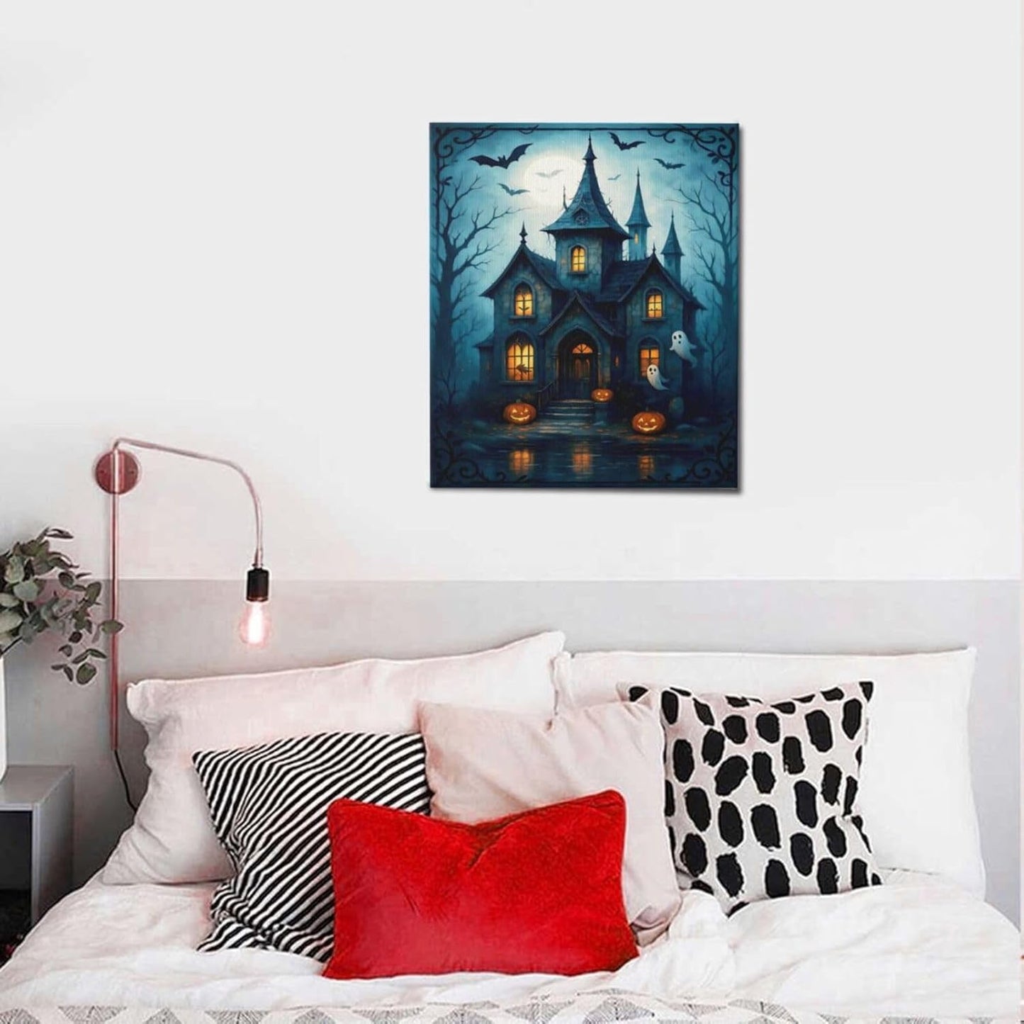 Halloween Gothic Wall Art Castle Pumpkin Ghost Bat Canvas Wall Decor Dark Academia Pictures Painting Print Framed Artwork Decorations Gifts for Halloween Living Room Bedroom Office 20"x24"