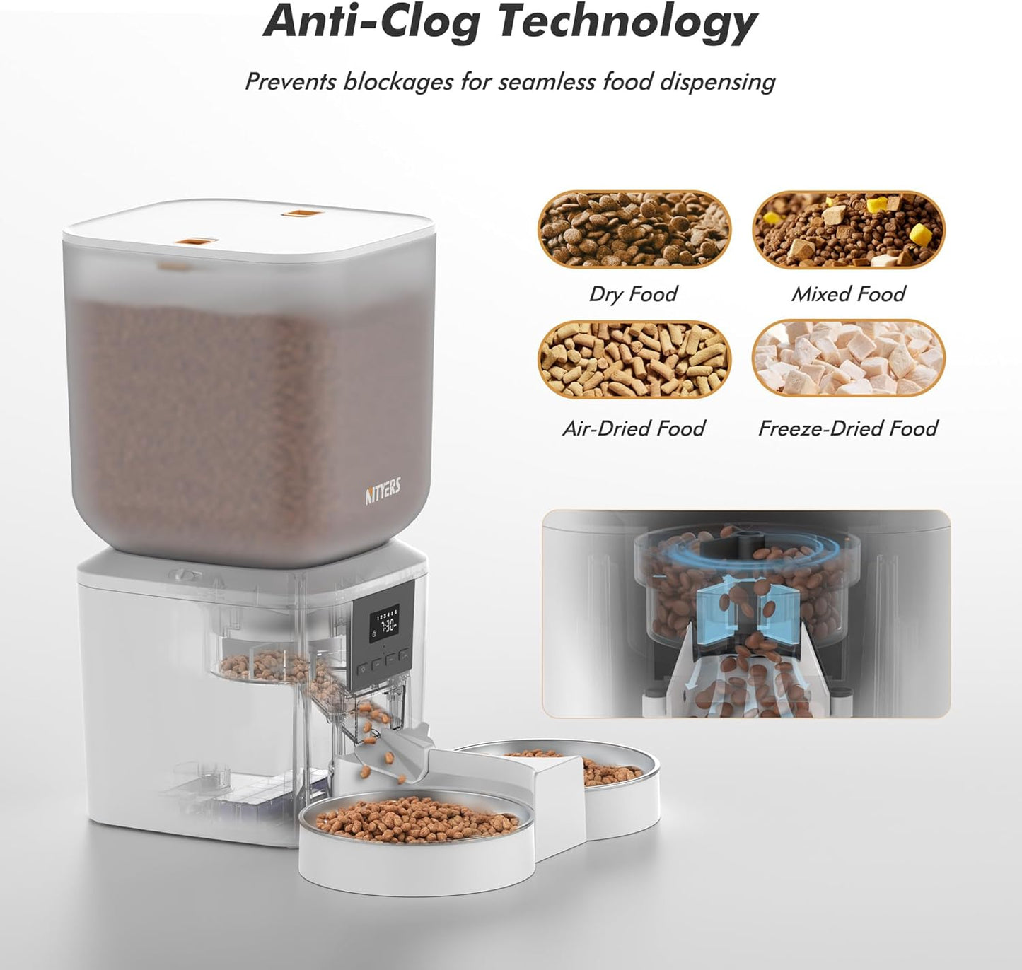 Automatic Cat Feeder for 2 Cats - 8L/34 Cups Large Capacity Auto Food Dispenser with LCD Screen, 2 Food Trays, Timed Cat Feeder, Up to 50 Portions 6 Meals Per Day, Keep Fresh, White