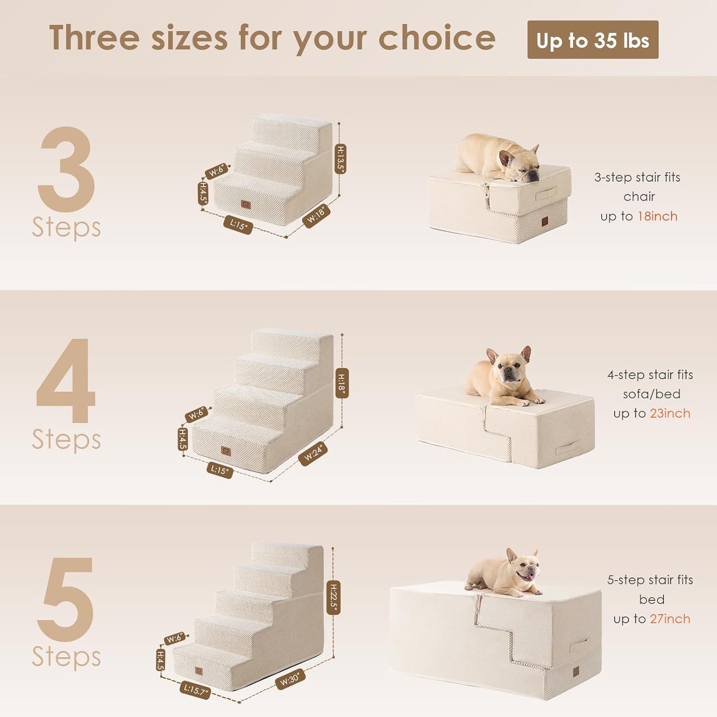 EHEYCIGA Dog Stairs for Small Dogs 13.5" H, 3-Step Dog Steps for Couch Sofa and Chair, Pet Steps for Medium Cats, Non-Slip Balanced Pet Ramp Indoor, Beige