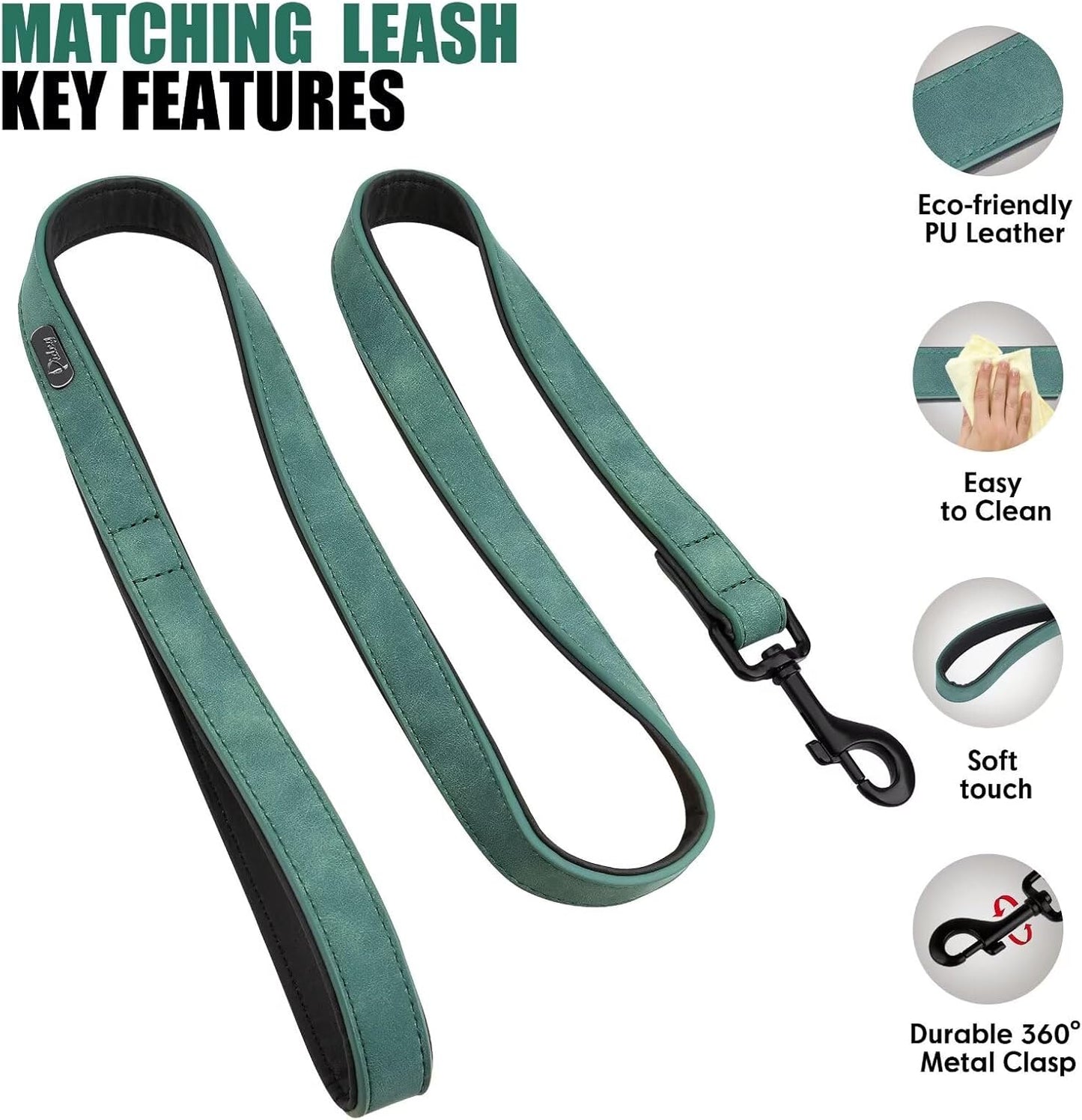 Didog Soft Padded Leather Dog Collar and Leash Set, Adjustable Dog Lead and Collar Set with Metal Buckle, Breathable Pet Collars with 4FT PU Leather Leash for Small Medium Dogs, Green, M