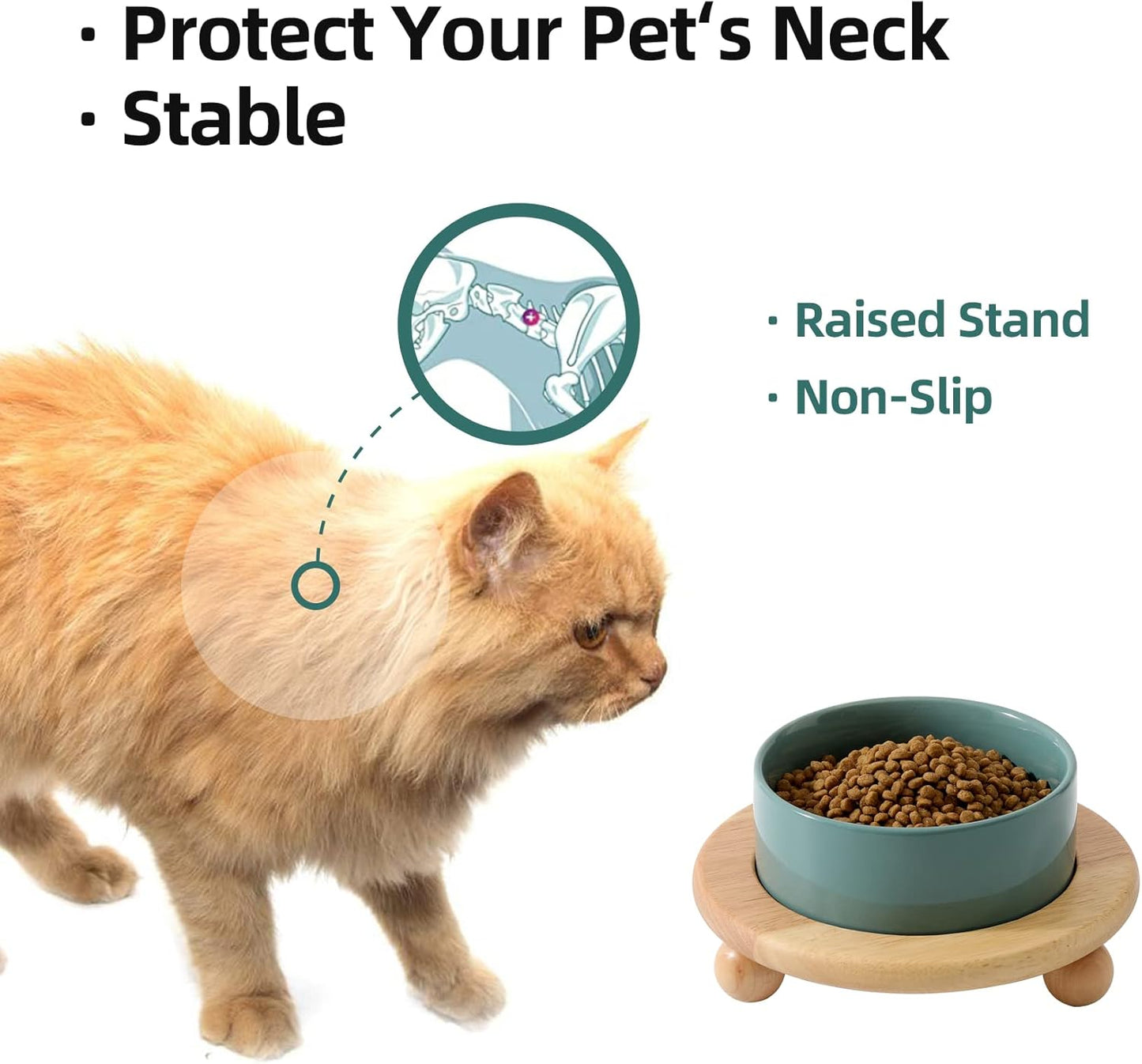 Ceramic Elevated Cat Food and Water Bowl, Kitty Bowl, Raised Cat Dish, Pet Feeder (5.1 in,1 x Dark Green + Stand)