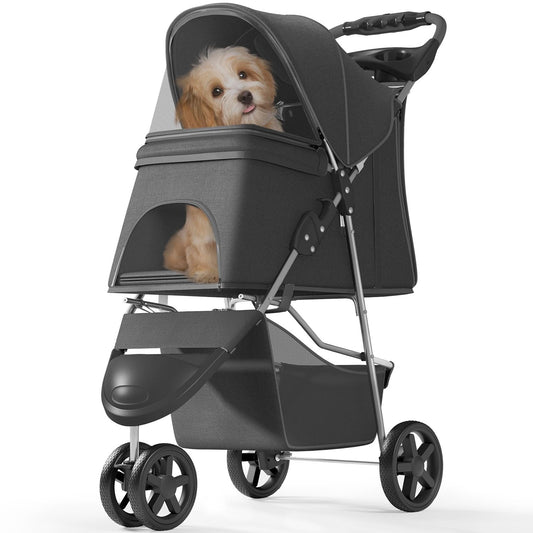 Pet Stroller with 3 Wheels for Small/Medium Pets, Portable Travel Foldable Carrier Jogger for Dog Cat Puppy Kitty, Rear Wheel Breaks, Storage Basket, Visible Mesh with Weather Cover (Black)