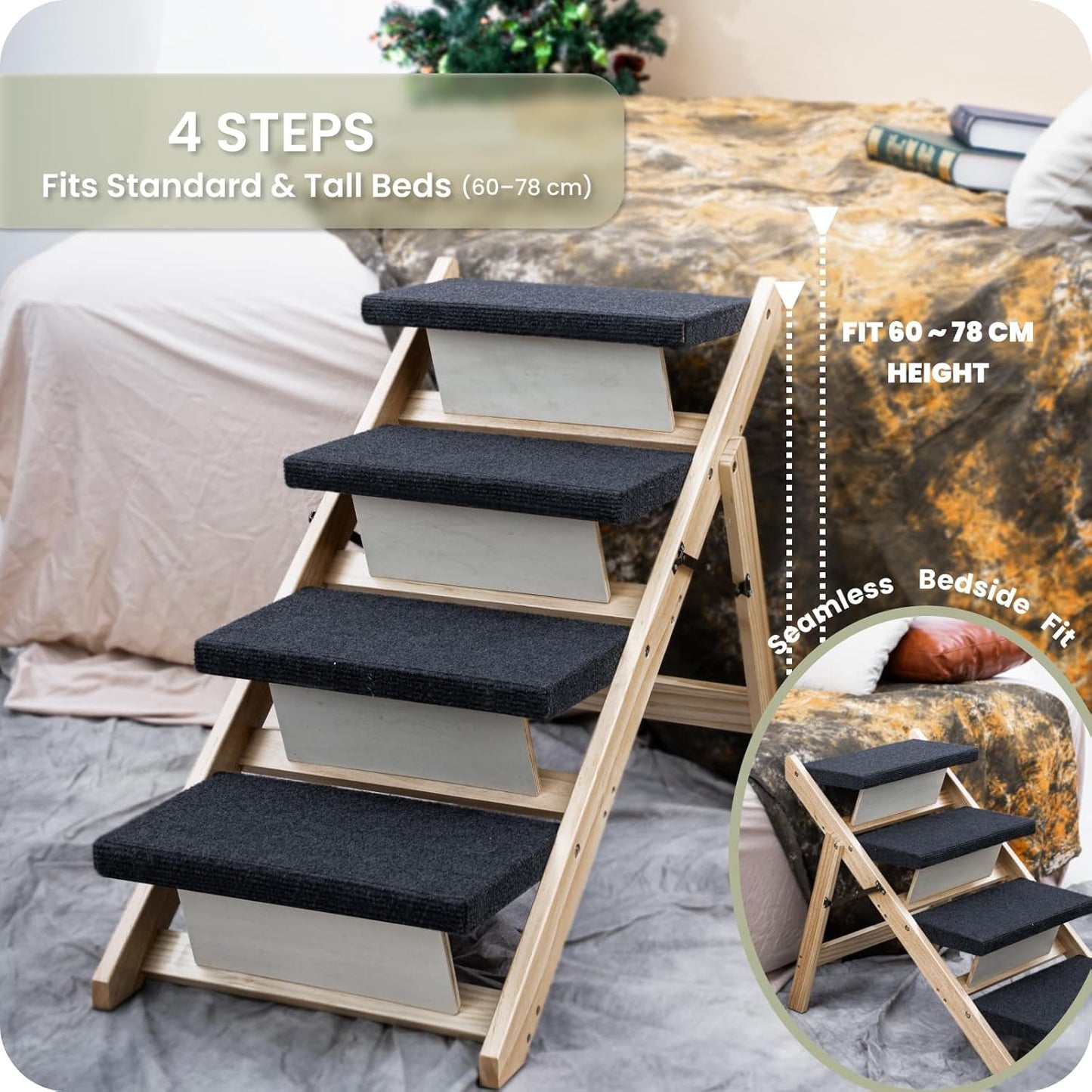 MEWANG Wood Pet Stairs & Ramp for Small/Medium Dogs and Cats, Aging Pets – 3-in-1 Foldable, Portable, Non-Slip Pet Ladder for Tall Beds, Couches,Cars–Holds Up to 220 lbs (17.3" L x 17.2" W x 13.0" H)