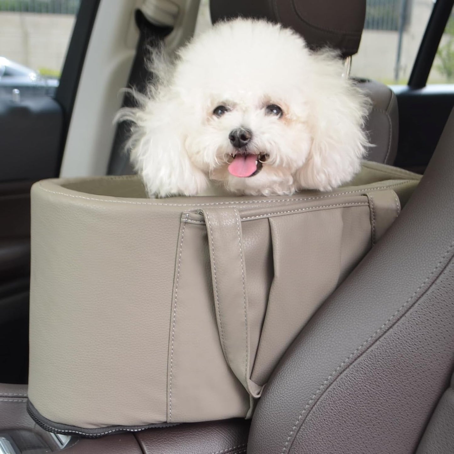 2 and 1 Center Console Dog Car Seat & Carrier for Small Dogs, Large Leather Dog Car Bed with Storage Pocket, Waterproof PVC Leather Seat Travel Bed for Front & Back Seat, Clip-On Safety Leash