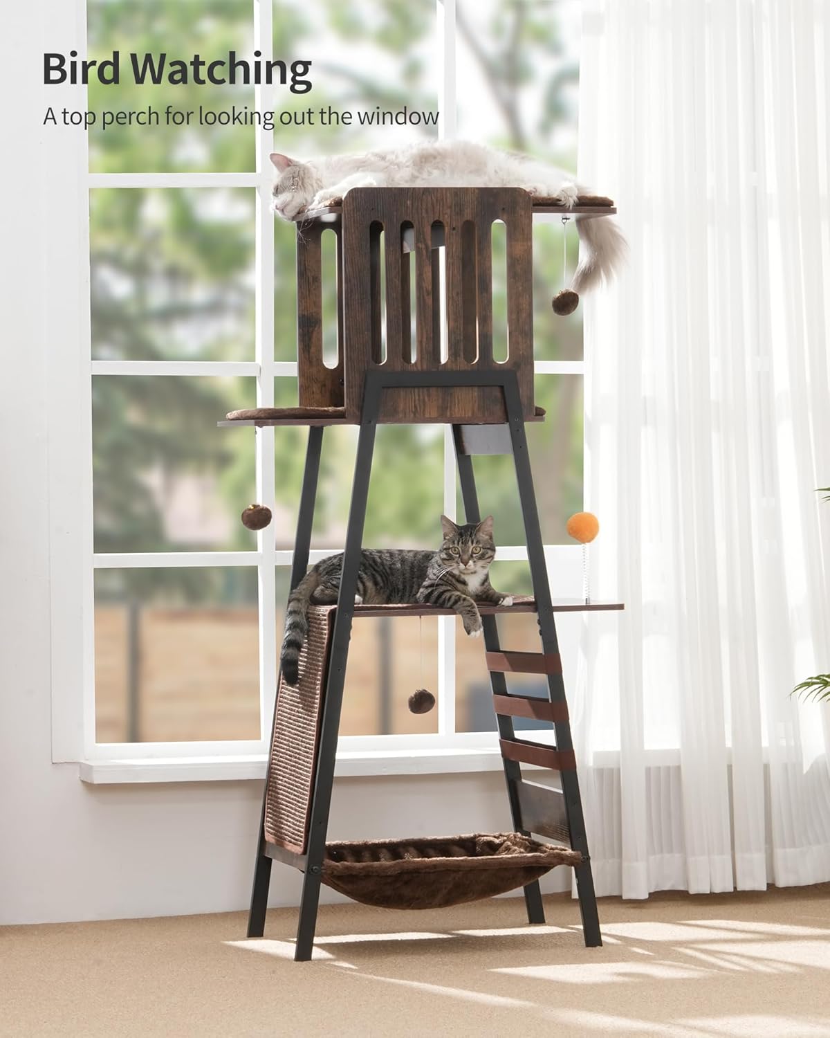 FourFurPets Modern Cat Tree, 58-Inch Cat Tower for Large Cats, Maine Coon Cat Tree with Scratching Board, Large Perch, Hammock and Removable Pads, Rustic Brown