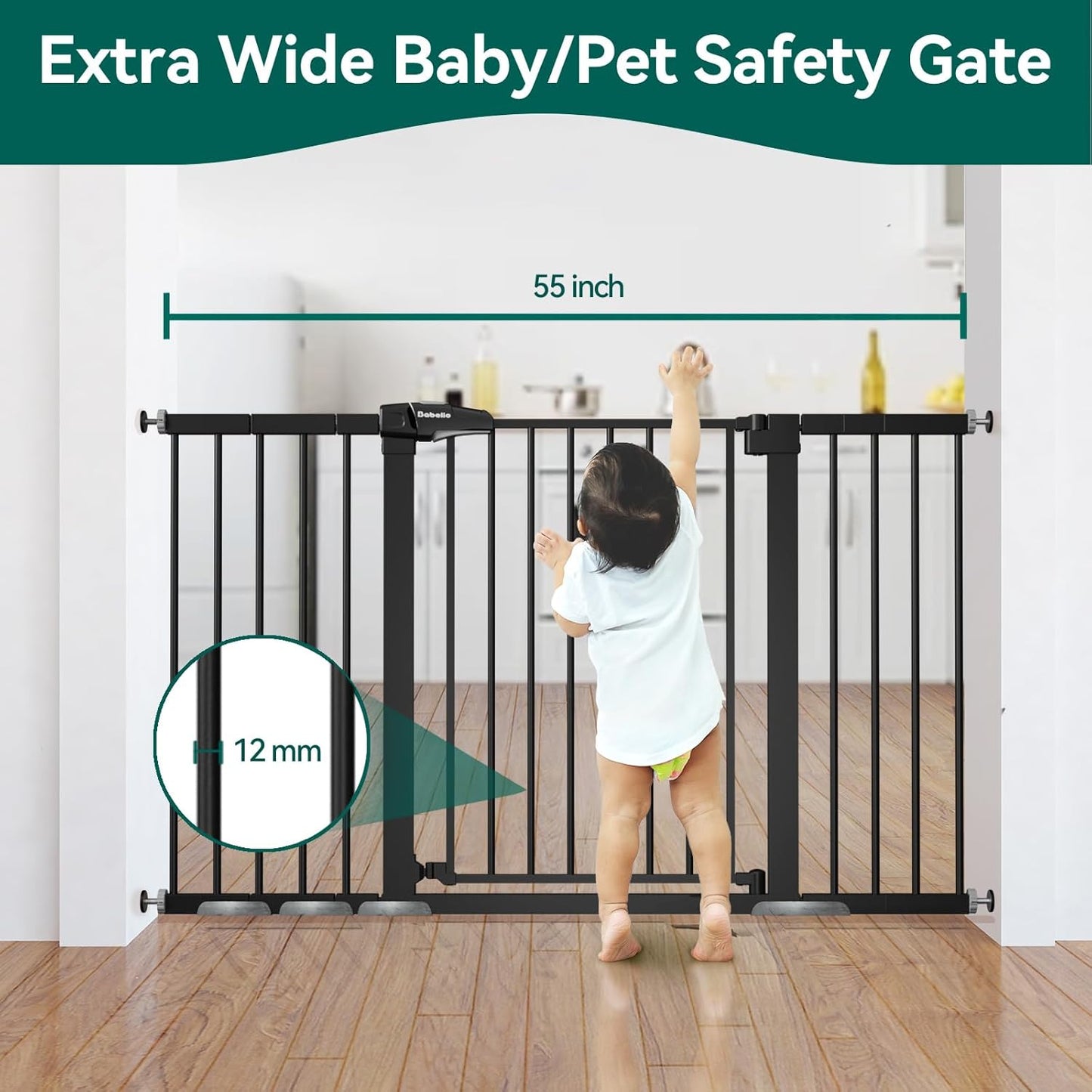 BABELIO 36" Tall Baby Gate, 29-55" Auto Close Pressure Mounted Dog Gate for Doorways & Hallway, Pressguard Basics Easy Walk Thru Pet Gate, Extra Wide Metal Child Gate, Black