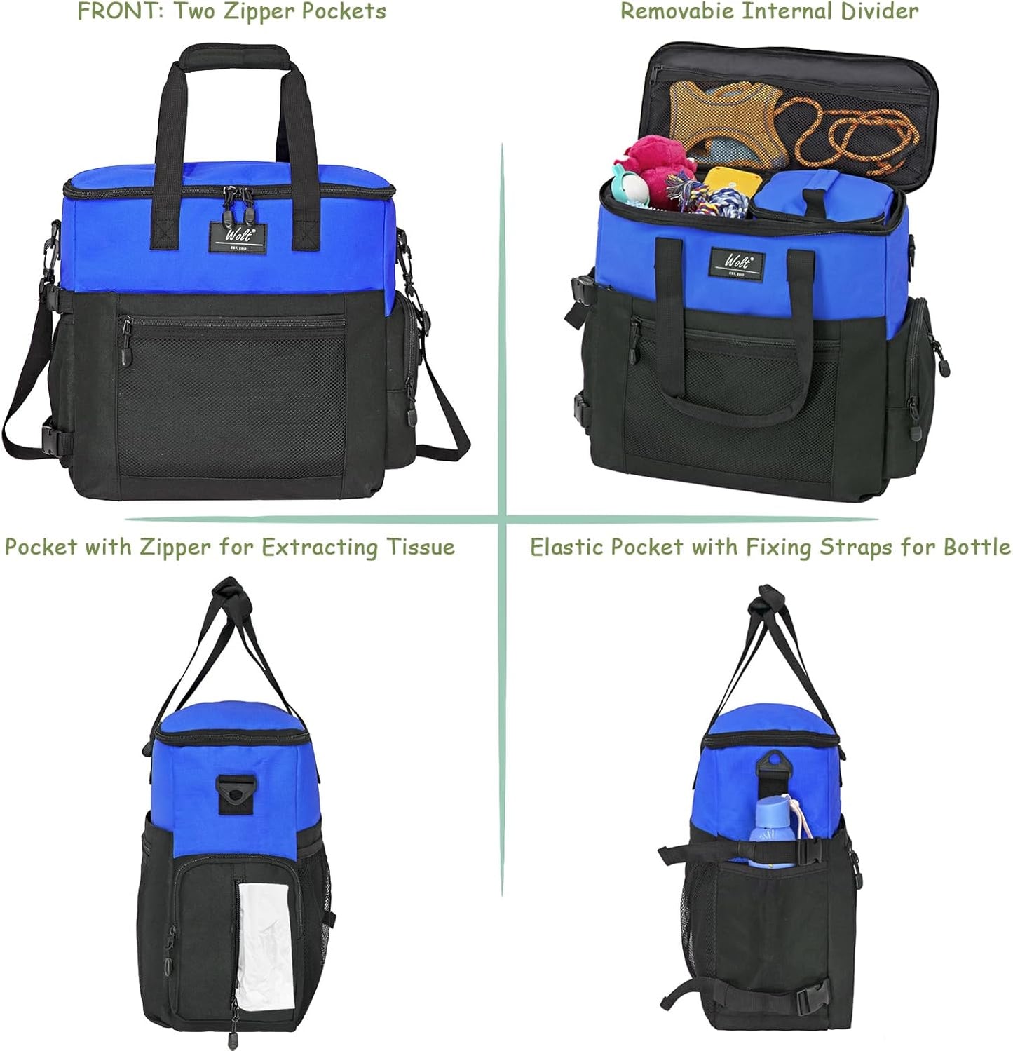 WOLT Dog Travel Bag Dog Bag for Traveling and Supplies with 2 Collapsible Bowls, 2 Food Containers, 1 Place Mat, Blue