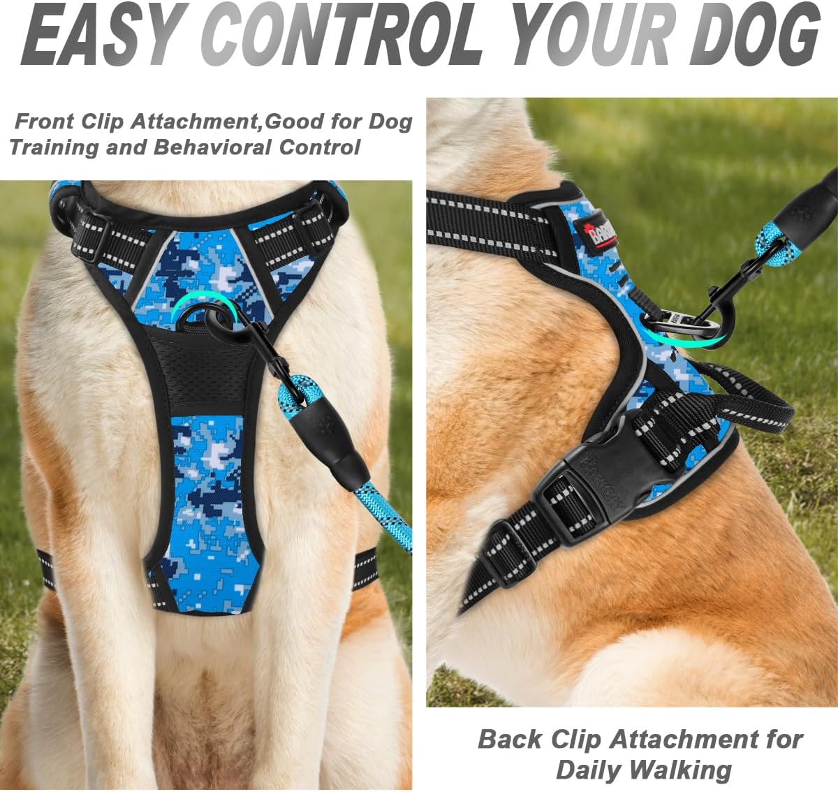 BARKBAY No Pull Dog Harness Front Clip Heavy Duty Reflective Easy Control Handle for Large Dog Walking(Blue camo,M)