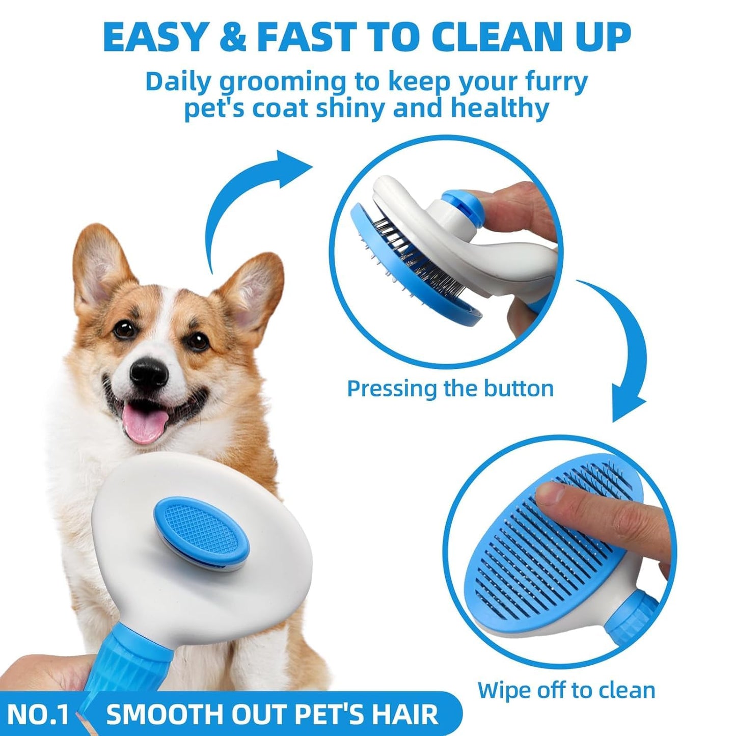 Bath Grooming Kit with Hair Brush, Towel & Scrubber Gloves - 6-in-1 Slicker Brush for Shedding Dogs & Cats, Blue