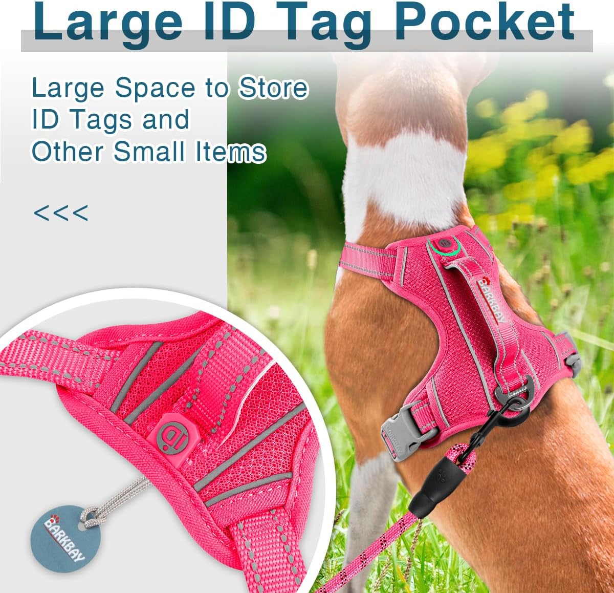 BARKBAY Dog Harness No Pull with ID Tag Pocket - Heavy Duty, Reflective, Easy Control for Large Dogs(Pink,M)