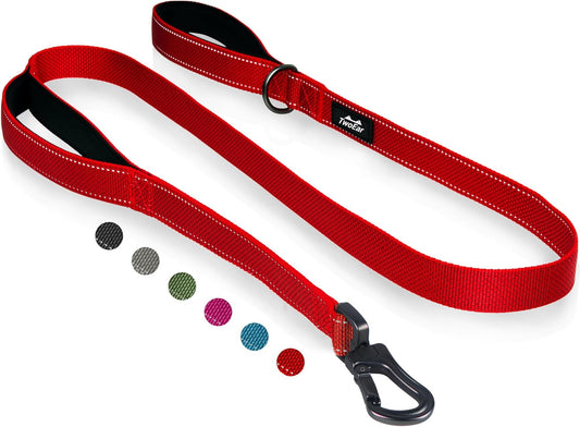 TwoEar 6FT 1IN Strong Red Dog Leash with 2 Padded Handles, Traffic Handle Extra Control, Comfortable Soft Dual Handle, Auto Lock Hook, Reflective Walking Lead for Small Medium and Large Dogs