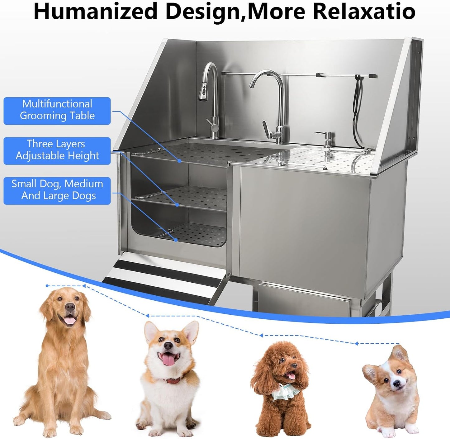 50" Dog Washing Station, Professional Stainless Steel Pet Dog Bathing Station with Ramp, Faucet, Storage Drawer, Floor Grate Dog Bathtub for Large, Medium, Small Pets (Left Ramp)